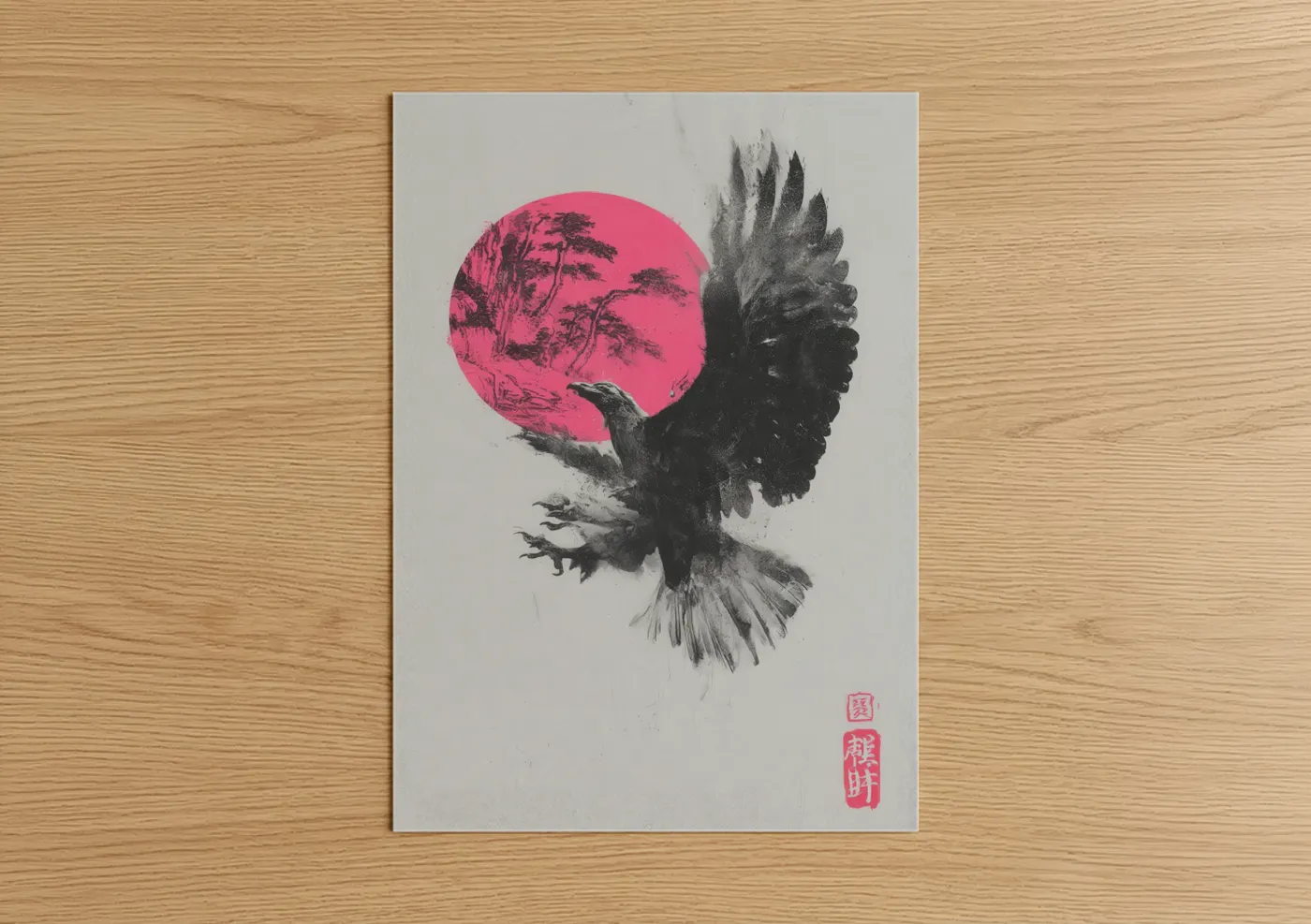 Art print on warm oak wood — magenta and black and white palette — Crimson Rising Eagle poster