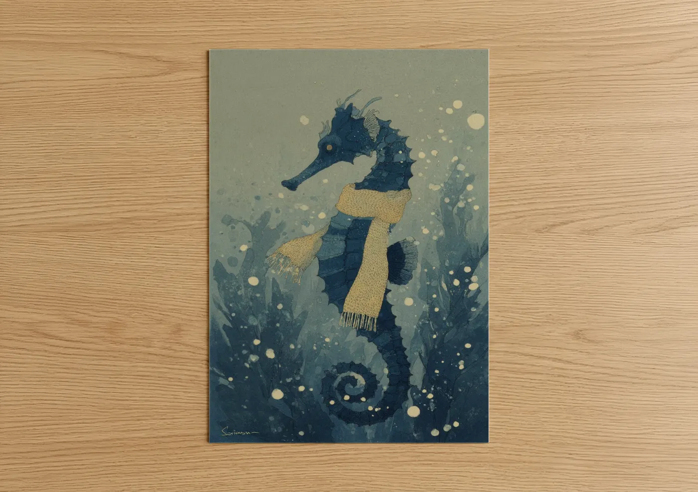 Cozy Seahorse Winter Scarf Illustration Wall Art
