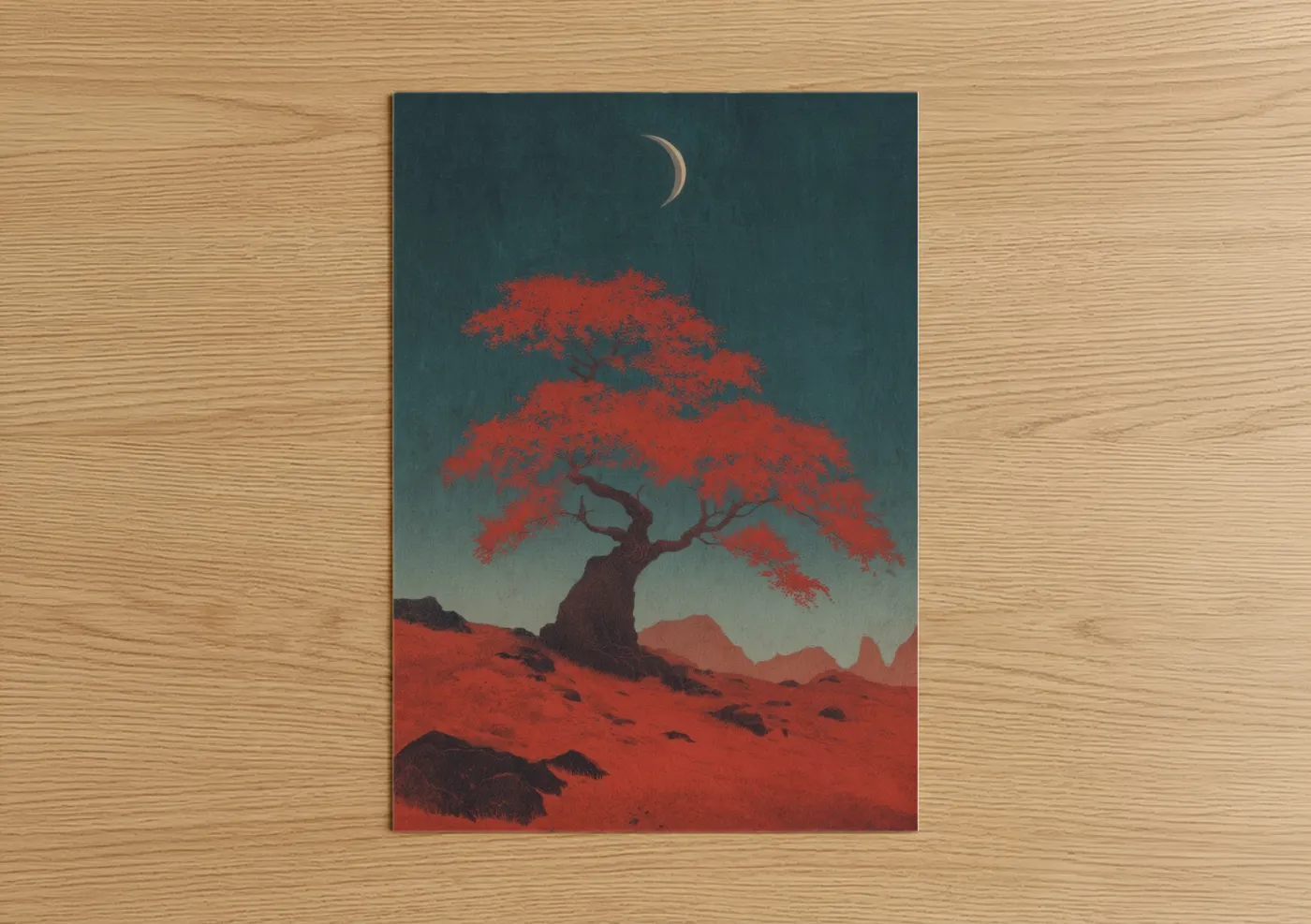 Dark fantasy art print on warm oak wood — red and teal palette — Crimson Desert Tree poster