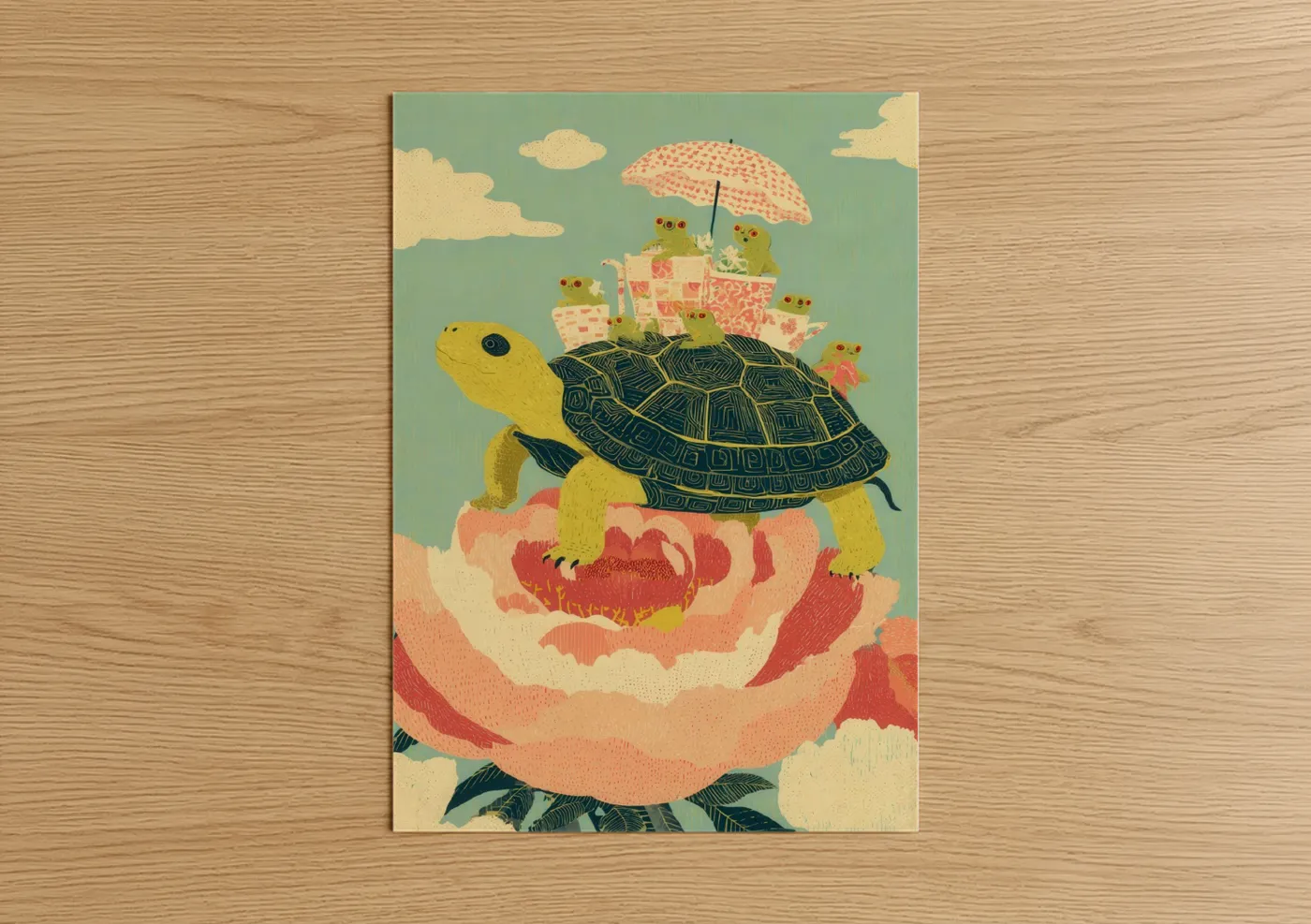 Whimsical Turtle with Frogs Illustration Wall Art