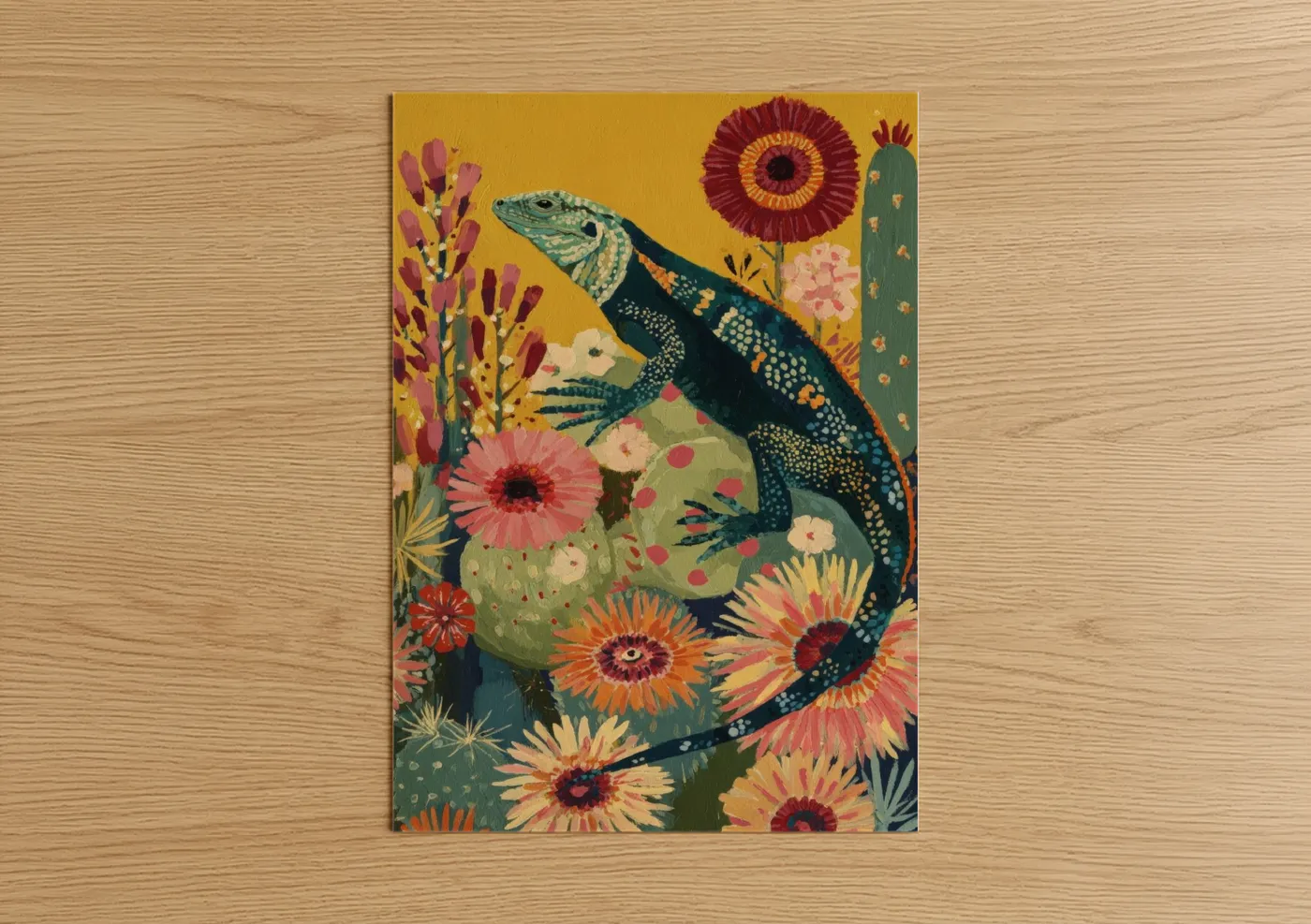 Art print on warm oak wood — gold and maroon palette — Garden Lizard poster