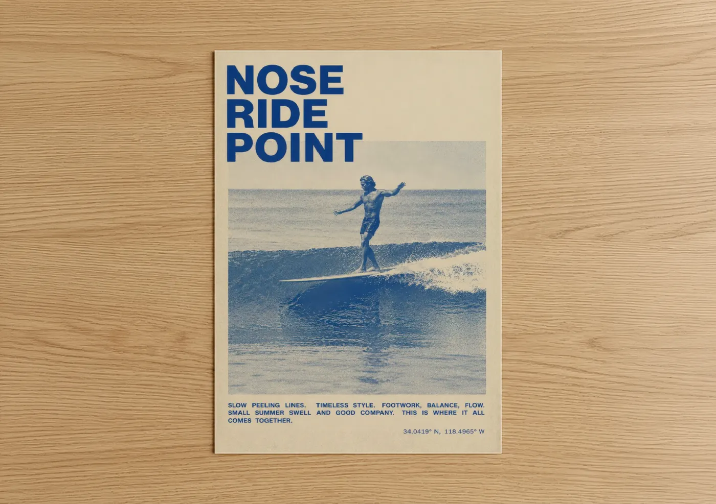 Art print on warm oak wood — blue and beige palette — Vintage Nose Ride Surfing Wall Art poster