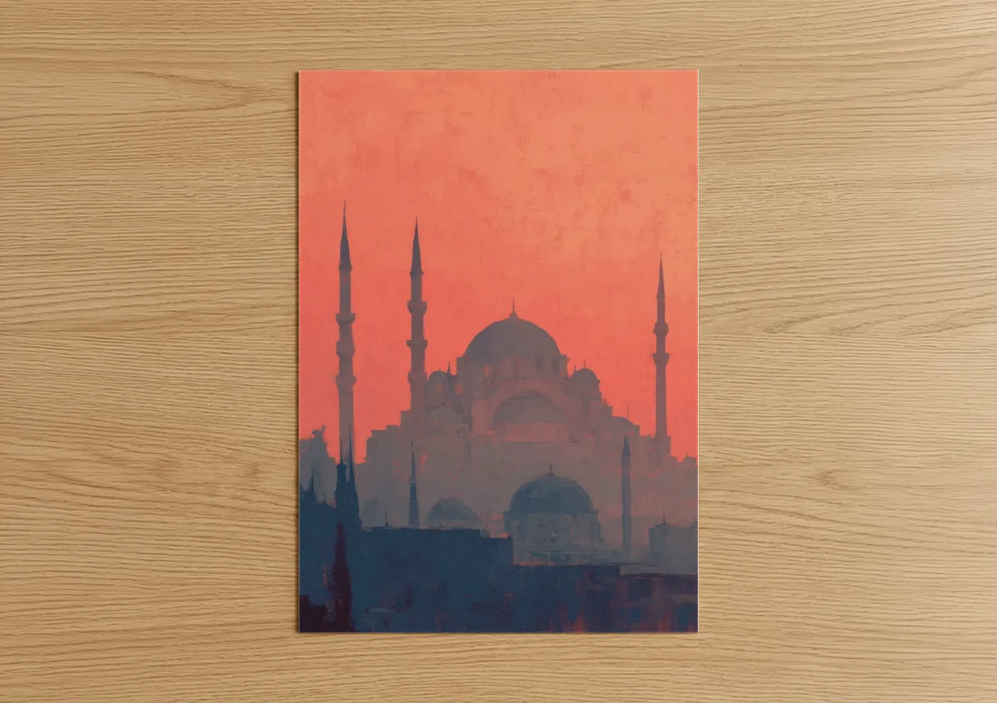 Art print on warm oak wood — peach and blue palette — Crimson Mosque Silhouette poster