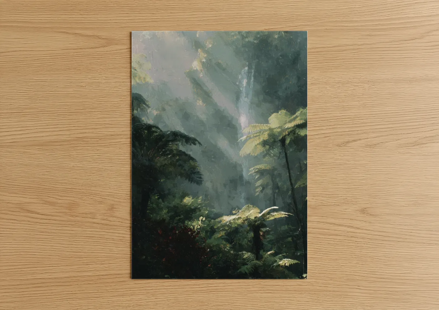 Tropical trees art print on warm oak wood — dark green and gray palette — Misty Jungle Canyon poster