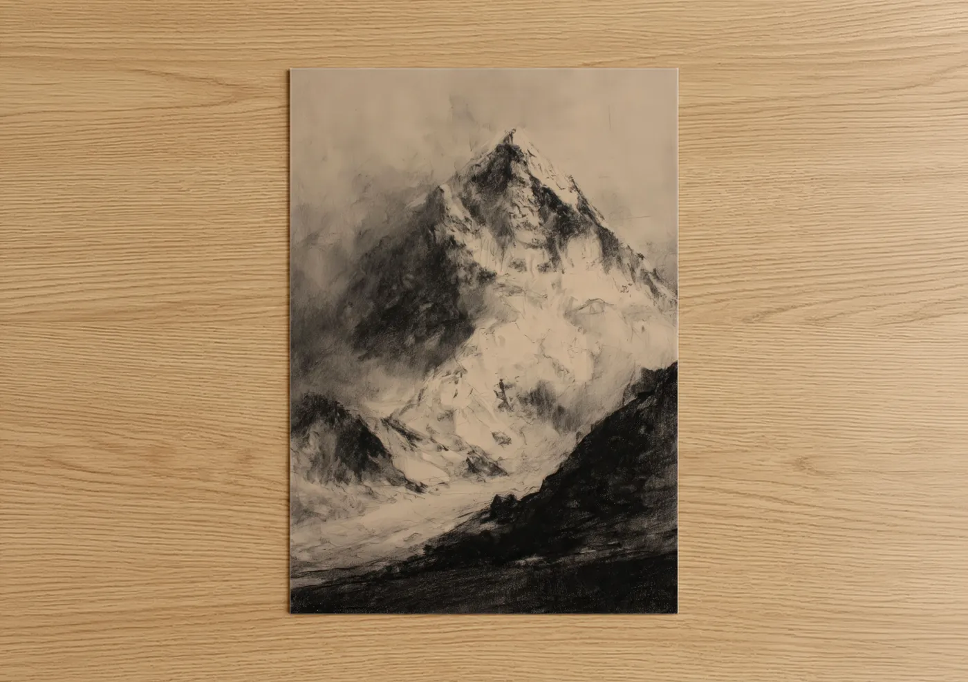 Mount everest art print on warm oak wood — black and white and gray palette — Misty Everest poster