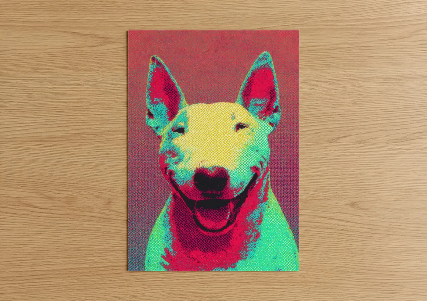 Art print on warm oak wood — magenta and teal palette — Pop Art Terrier poster