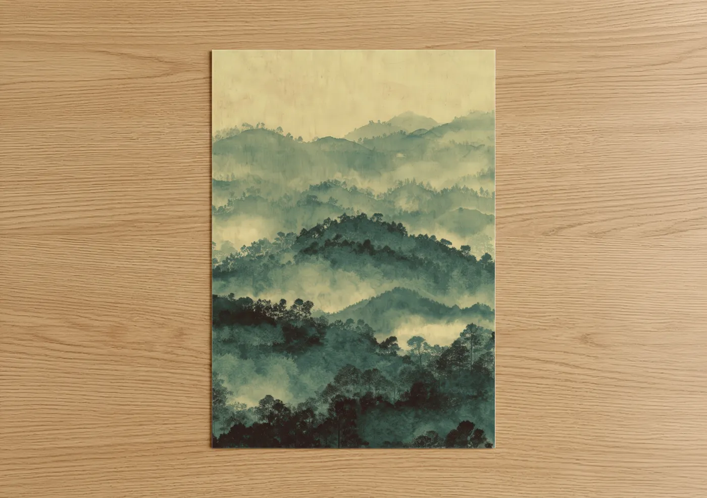 Pine forest art print on warm oak wood — cream and teal palette — Misty Pine Layers poster