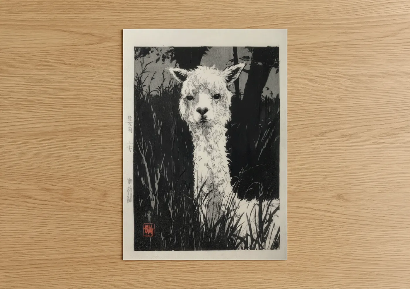Art print on warm oak wood — black and white palette — Woodland Alpaca poster