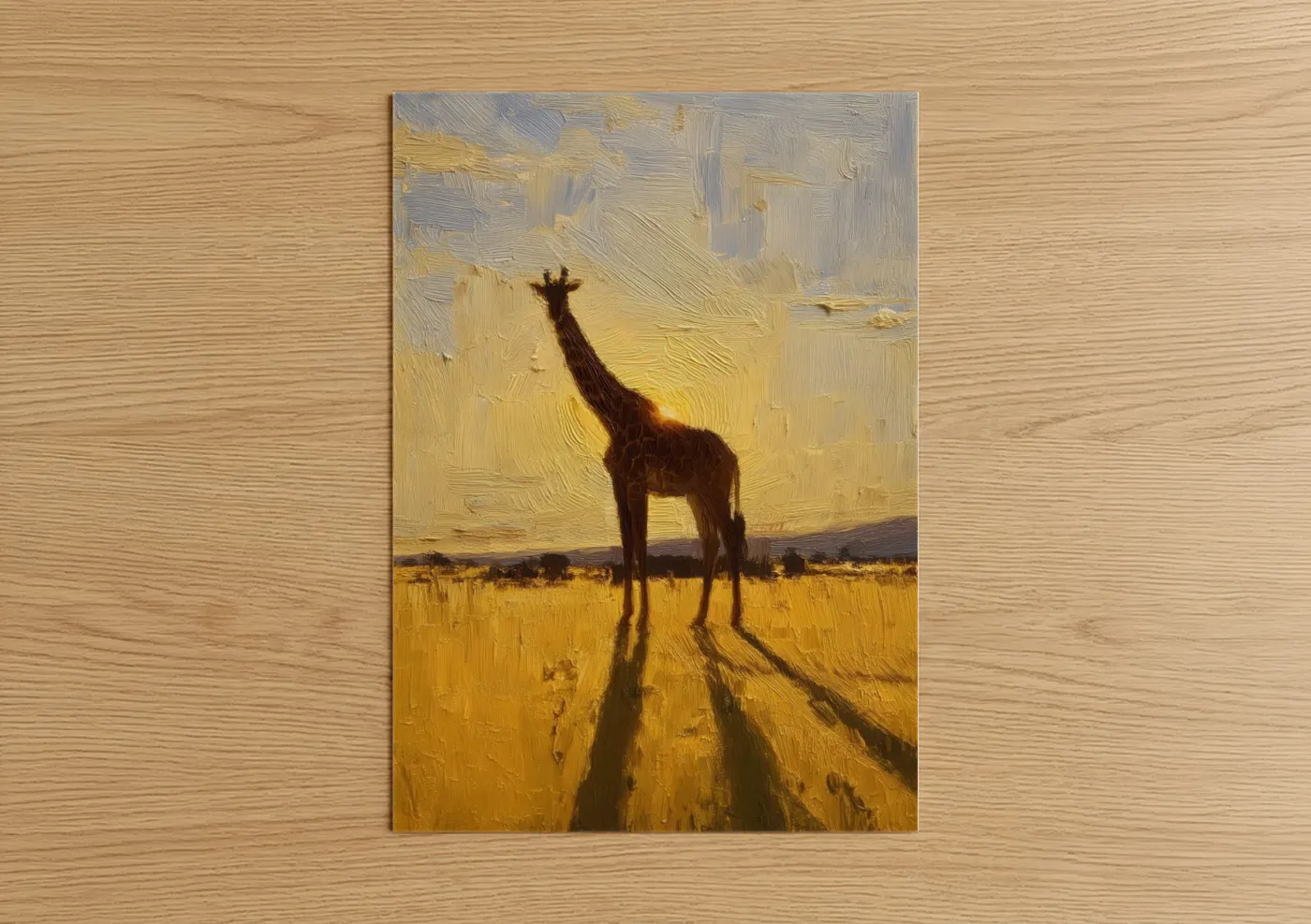 Art print on warm oak wood — yellow gold and brown palette — Golden Giraffe poster