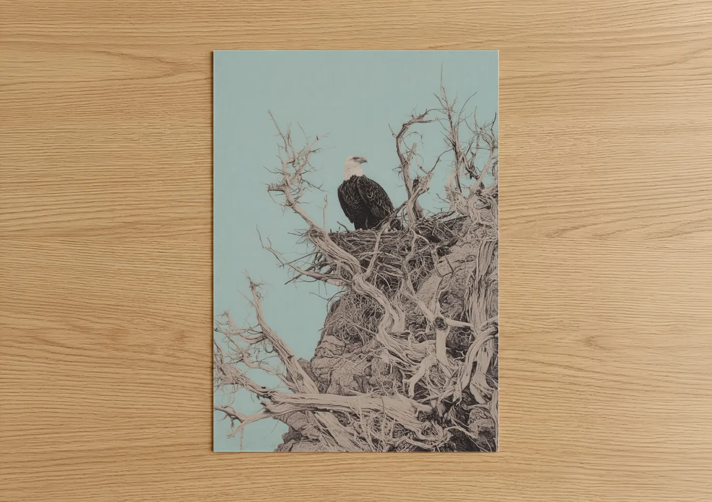 Art print on warm oak wood — blue and white and dove gray palette — Perched Eagle poster