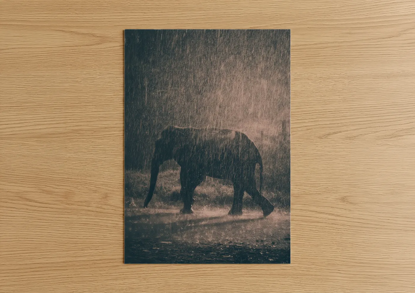 Asian elephant art print on warm oak wood — dark blue and russet palette — Monsoon Elephant poster