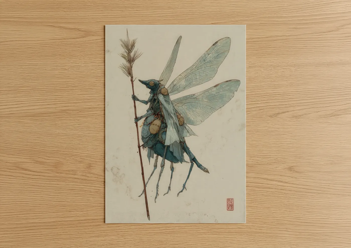 Art print on warm oak wood — teal and cream palette — Steampunk Dragonfly poster
