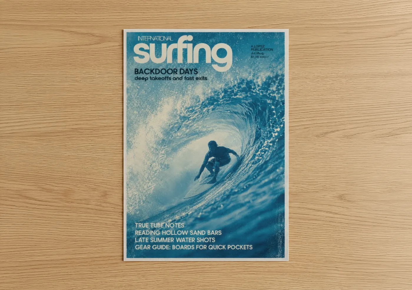 Water surfing art print on warm oak wood — blue and turquoise palette — Vintage Surfing Magazine Cover Wall Art poster