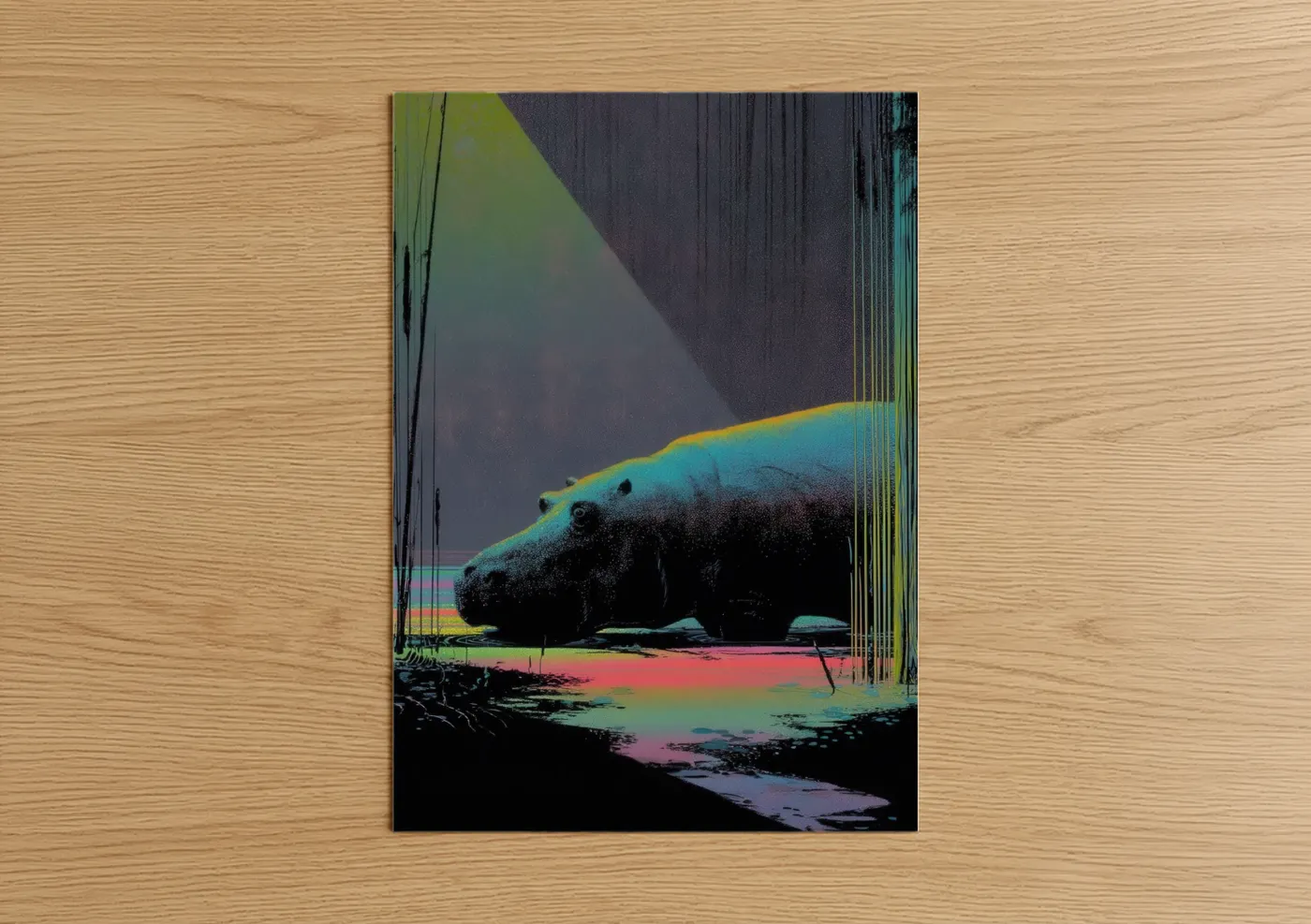 Art print on warm oak wood — turquoise and lime green palette — Neon Hippo poster