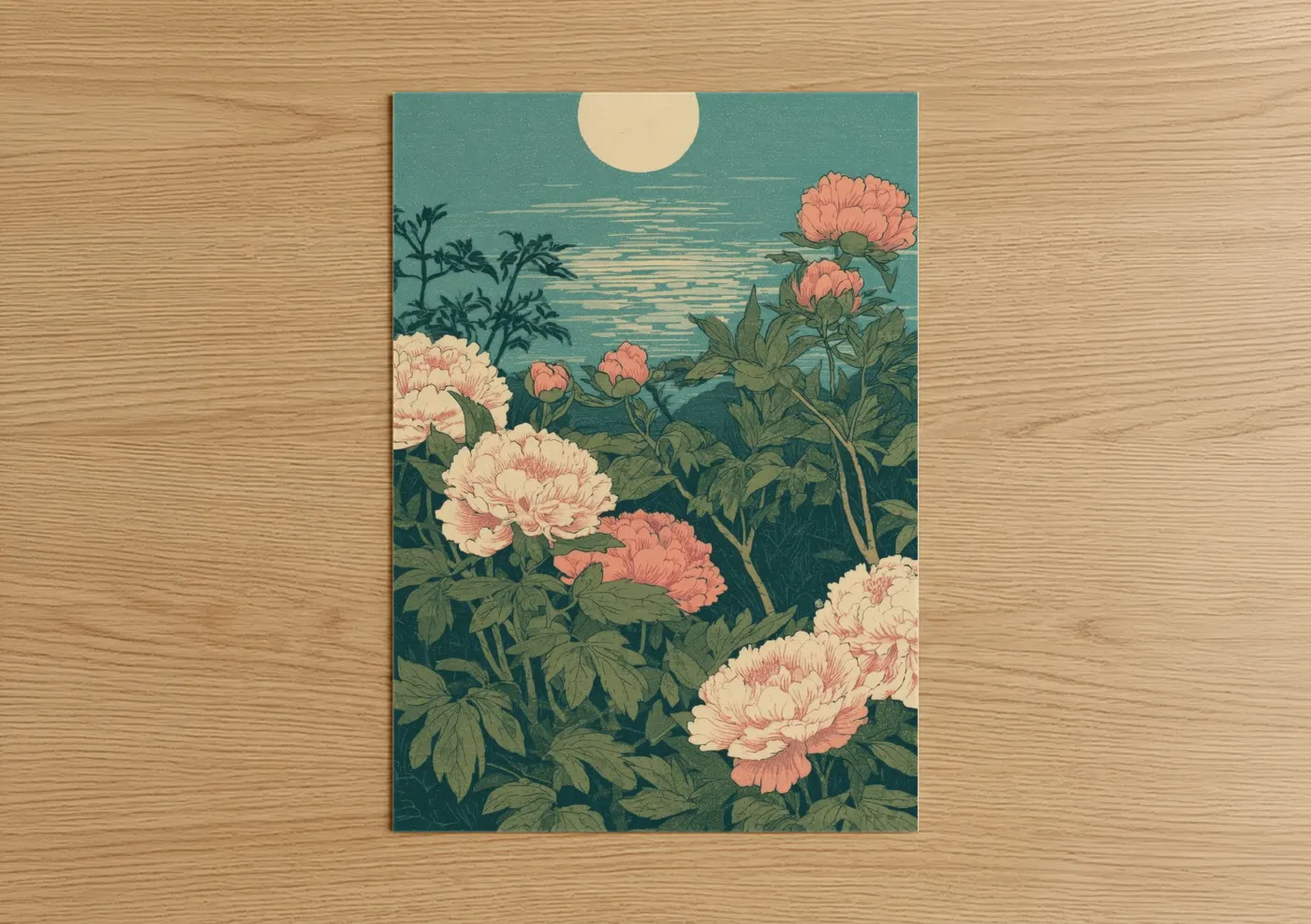 Peony art print on warm oak wood — teal and cream palette — Moonlit Peonies poster