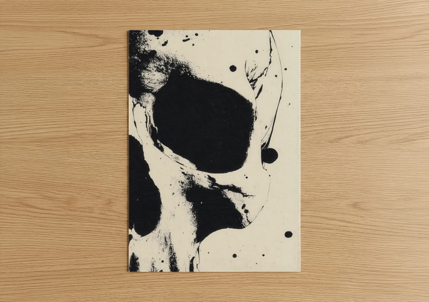 Art print on warm oak wood — black and white palette — Abstract Skull poster