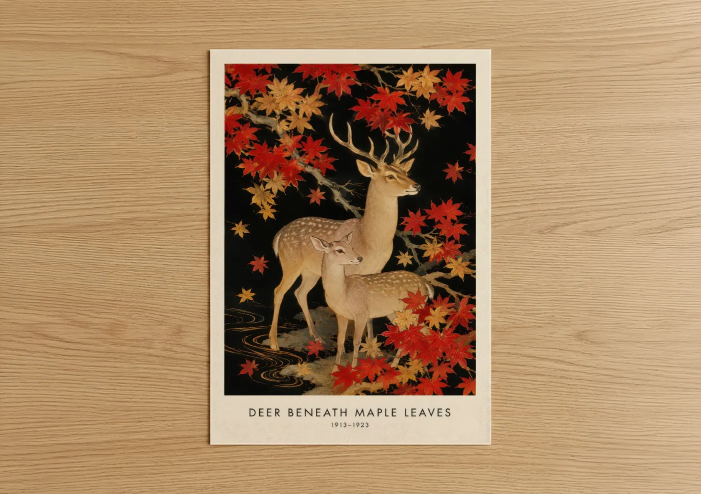 Art print on warm oak wood — red and gold palette — Deer Beneath Maple Leaves Wall Art poster