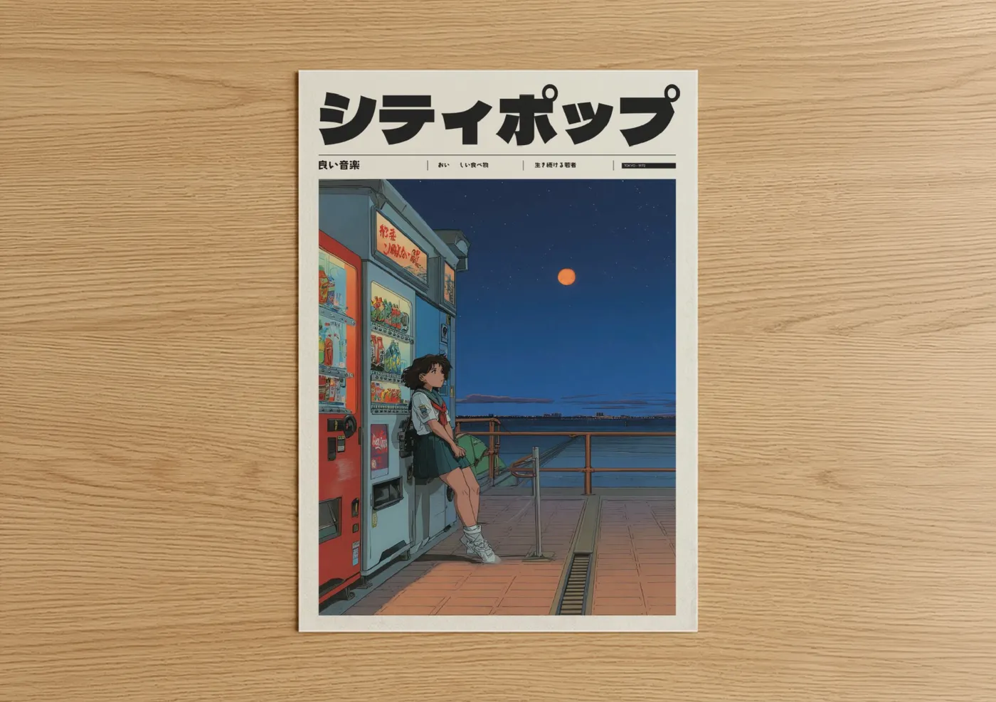 Anime and manga art print on warm oak wood — dark blue and orange palette — Midnight Convenience poster