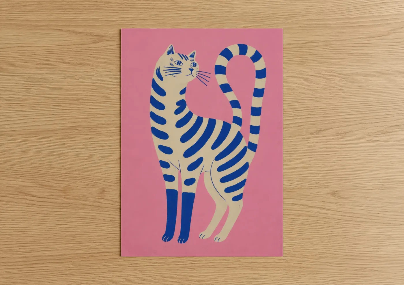 Art print on warm oak wood — pink and blue palette — Striped Blue Cat on Pink Wall Art poster