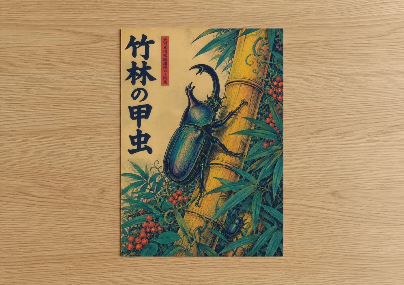 Art print on warm oak wood — teal and gold palette — Japanese Beetle Bamboo Forest Wall Art poster