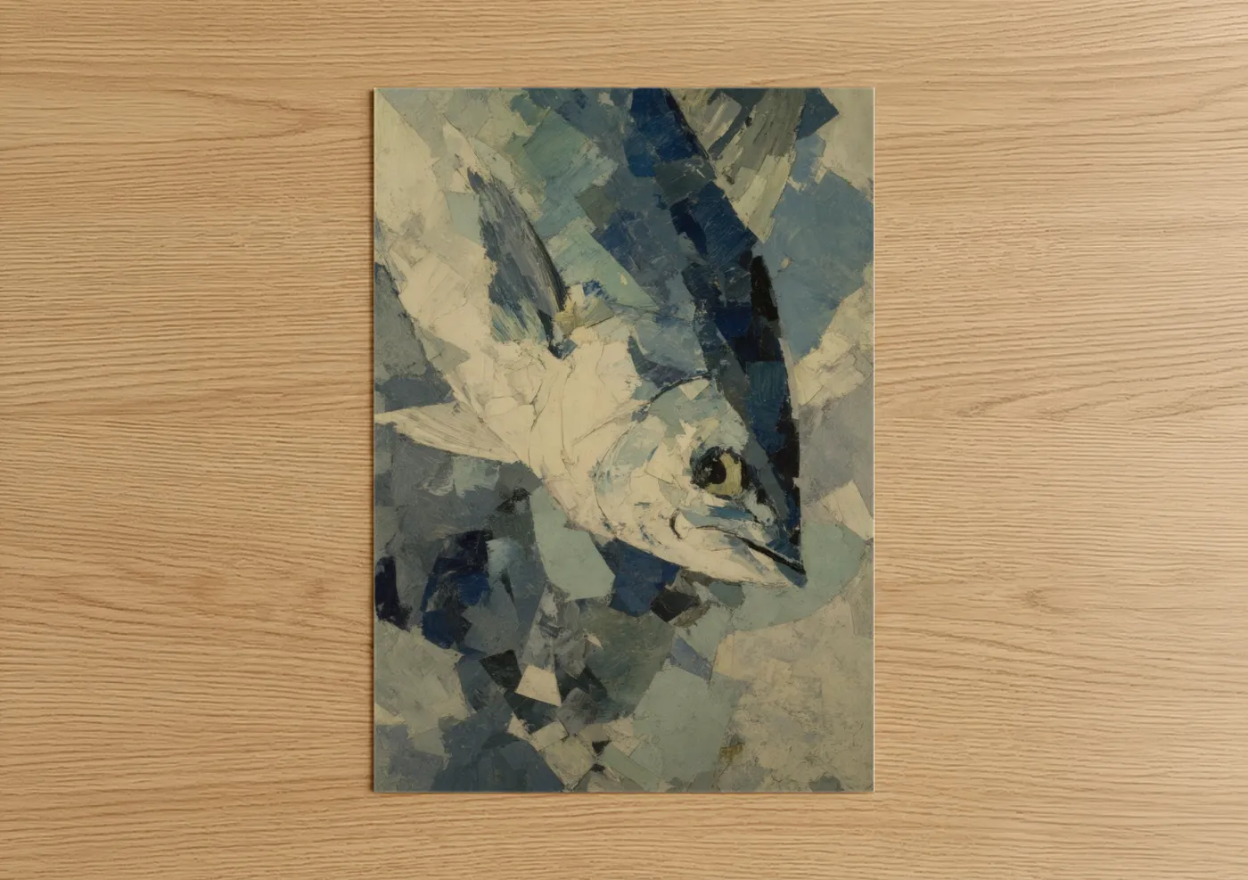 Art print on warm oak wood — blue and cream palette — Azure Tuna Study poster