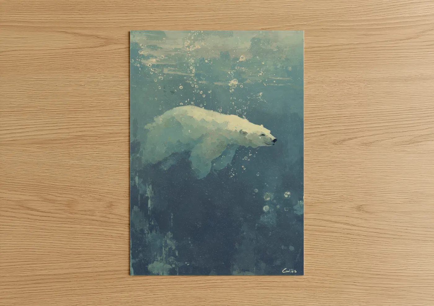 Art print on warm oak wood — blue and white palette — Ethereal Polar Bear poster