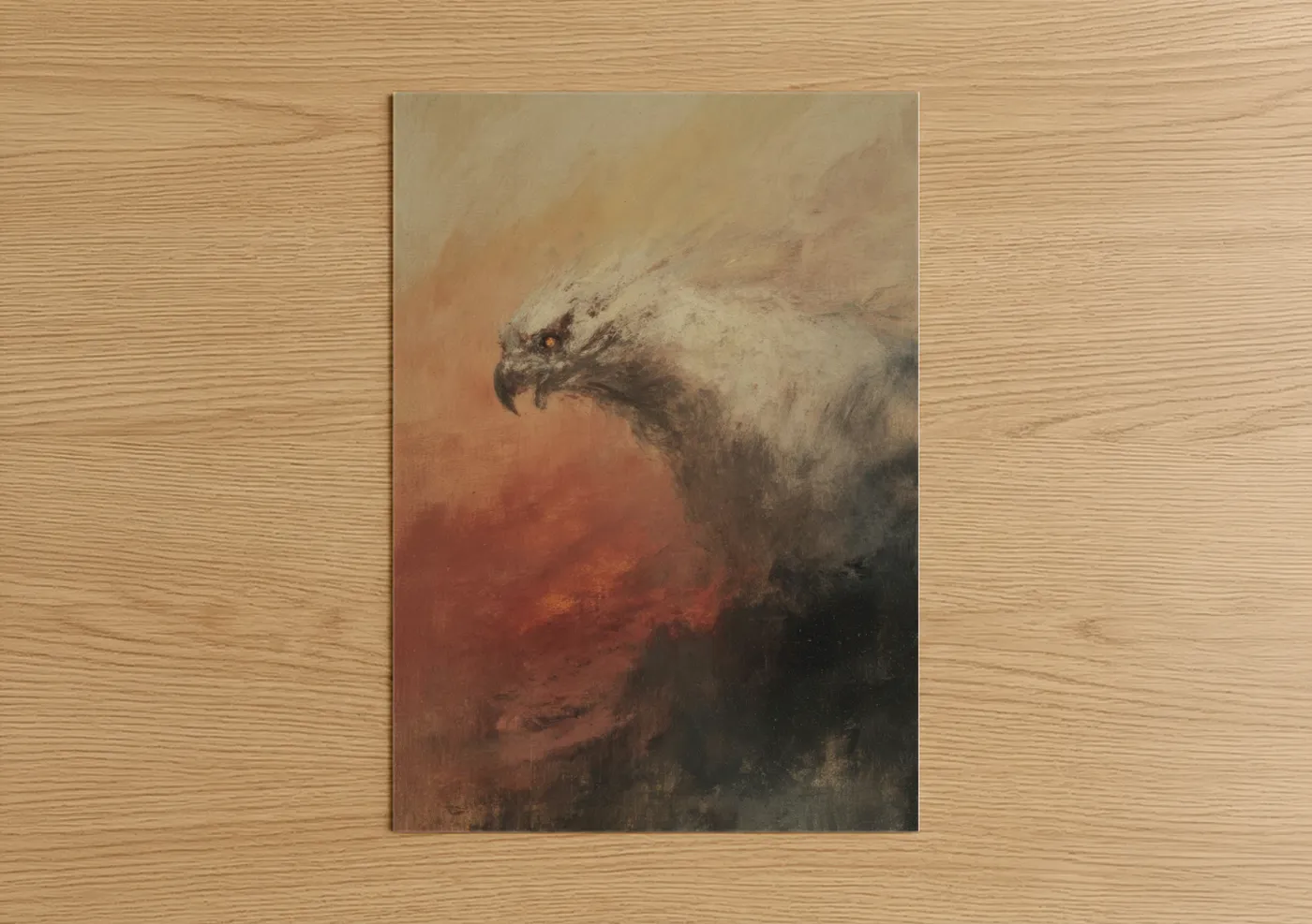 Art print on warm oak wood — orange and brown palette — Majestic Eagle Chimera poster