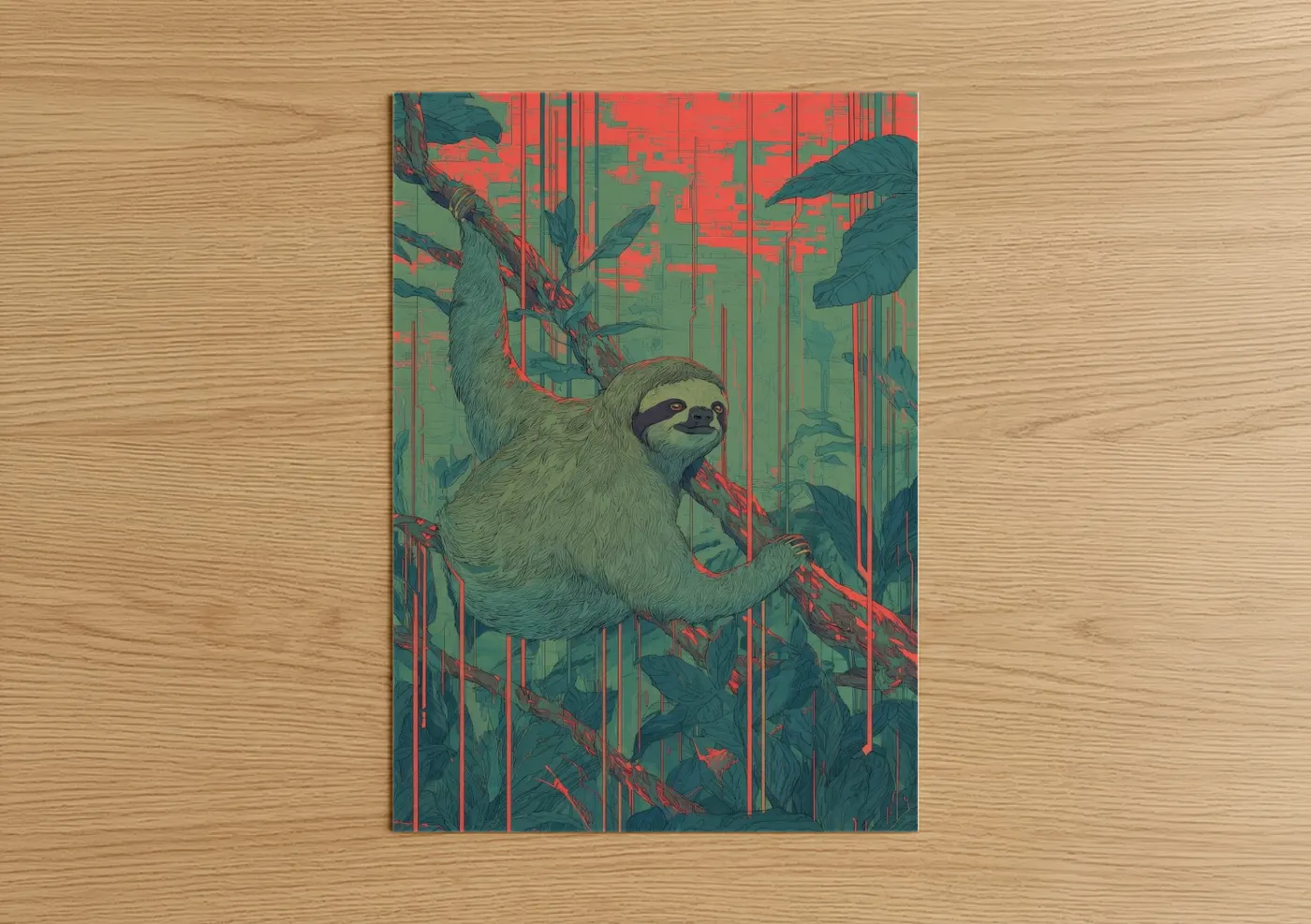 Art print on warm oak wood — light green and red palette — Canopy Sloth poster