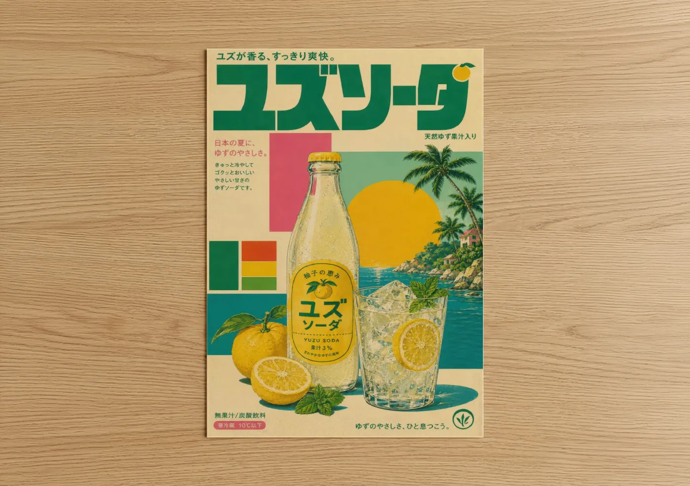 Palm tree art print on warm oak wood — yellow and teal palette — Vintage Japanese Yuzu Soda Tropical Wall Art poster