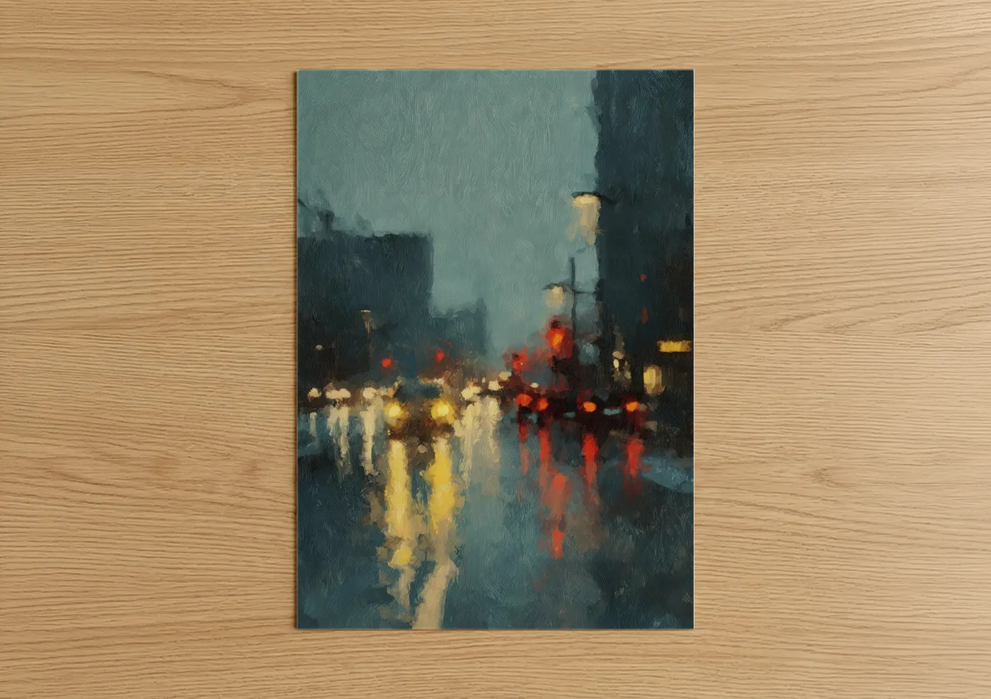 Rainy City Street Evening Lights Wall Art