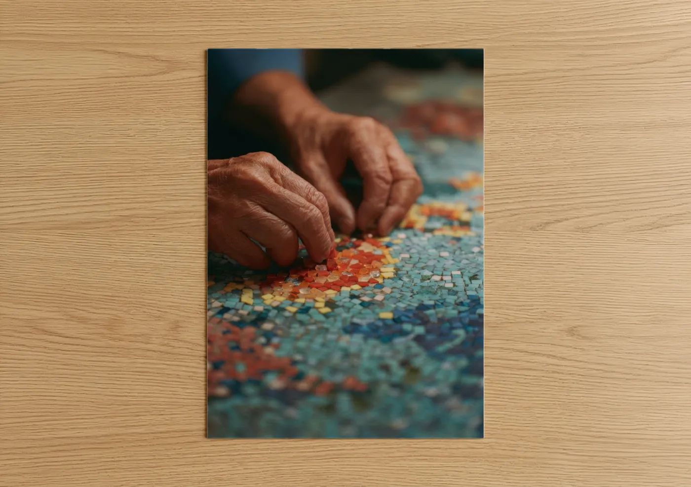Glassworking art print on warm oak wood — russet and aquamarine palette — Artisan Mosaic Craft poster