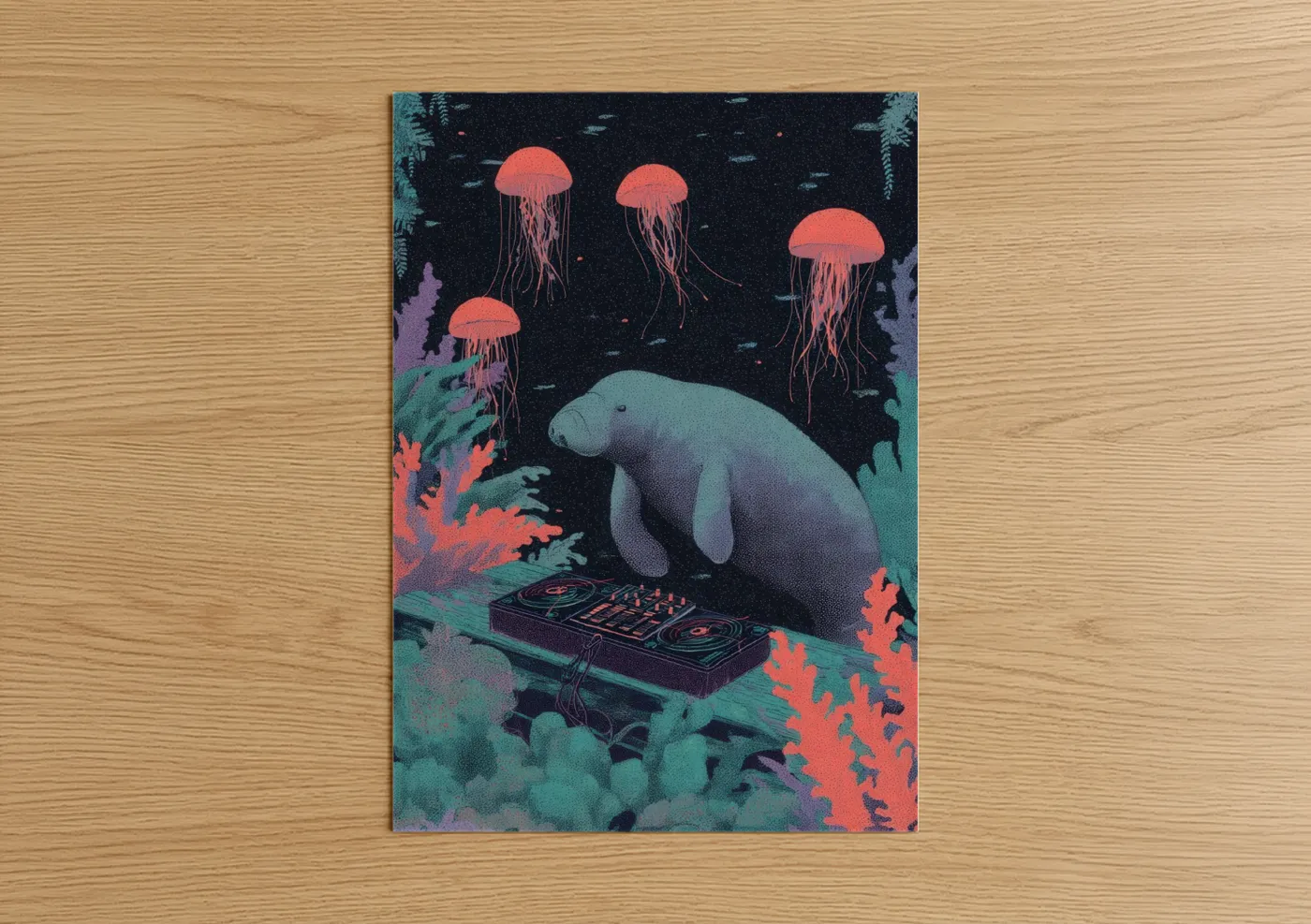 DJ Manatee Underwater Music Illustration Wall Art