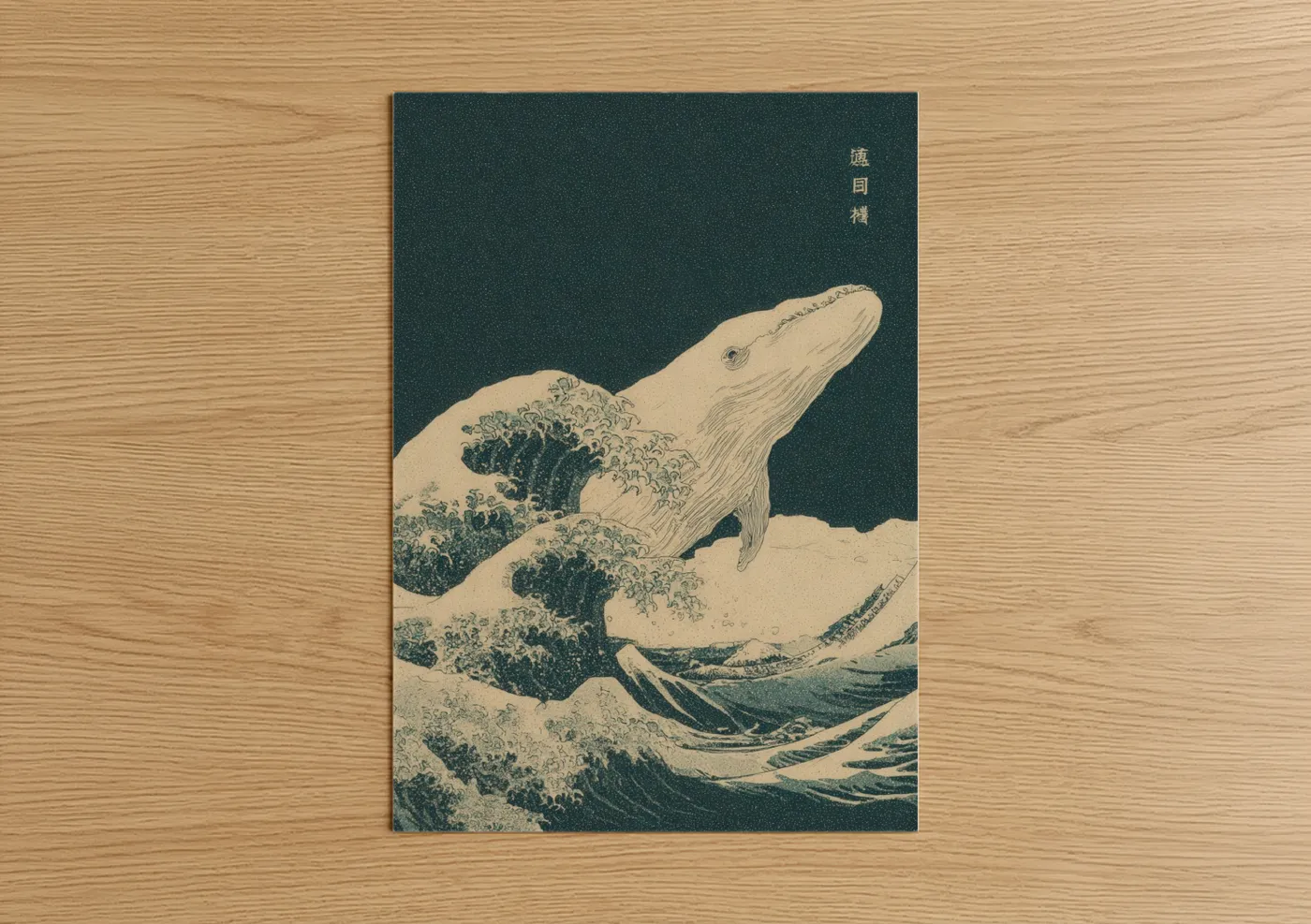 Sperm whale art print on warm oak wood — blue and white and gold palette — Wave Rider Whale poster