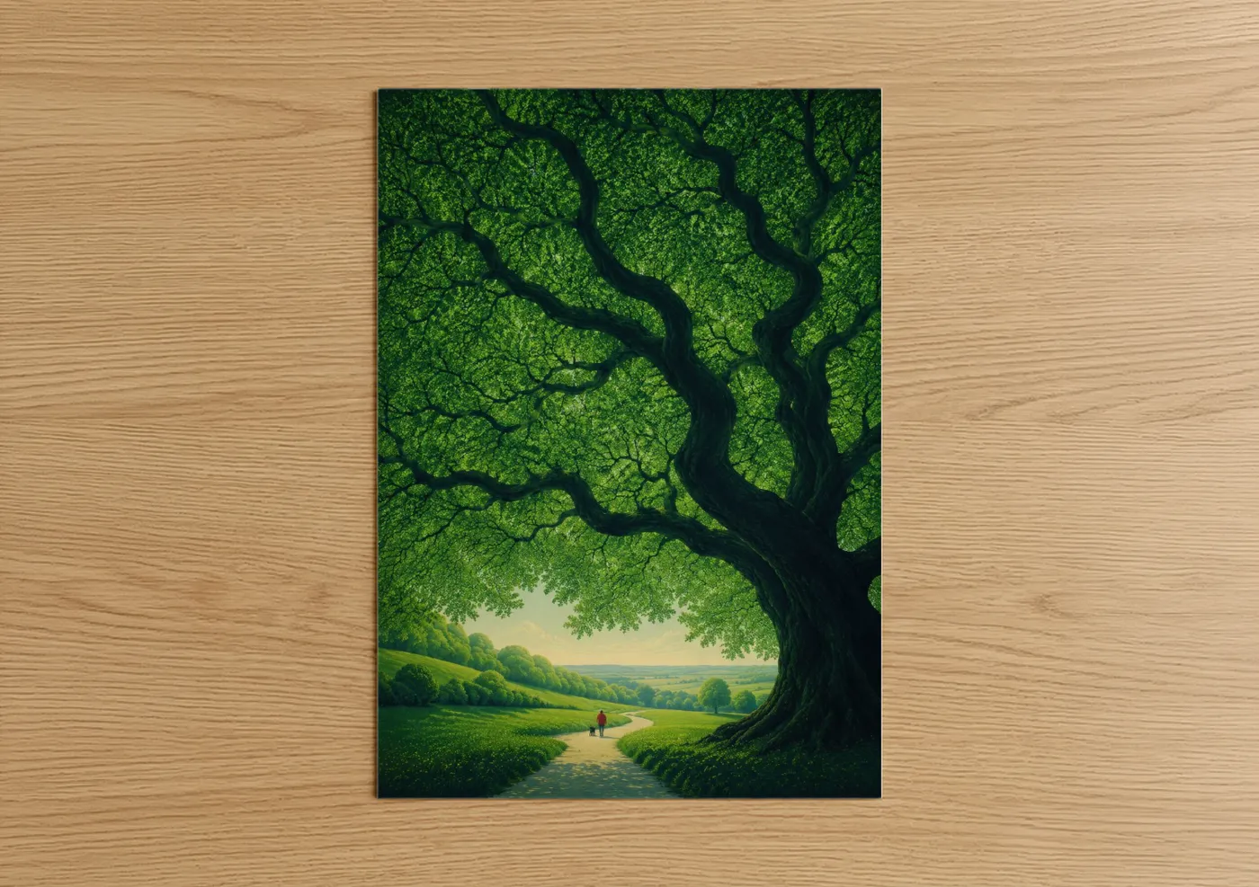 Art print on warm oak wood — true green and lime green palette — Majestic Green Tree Landscape Wall Art poster