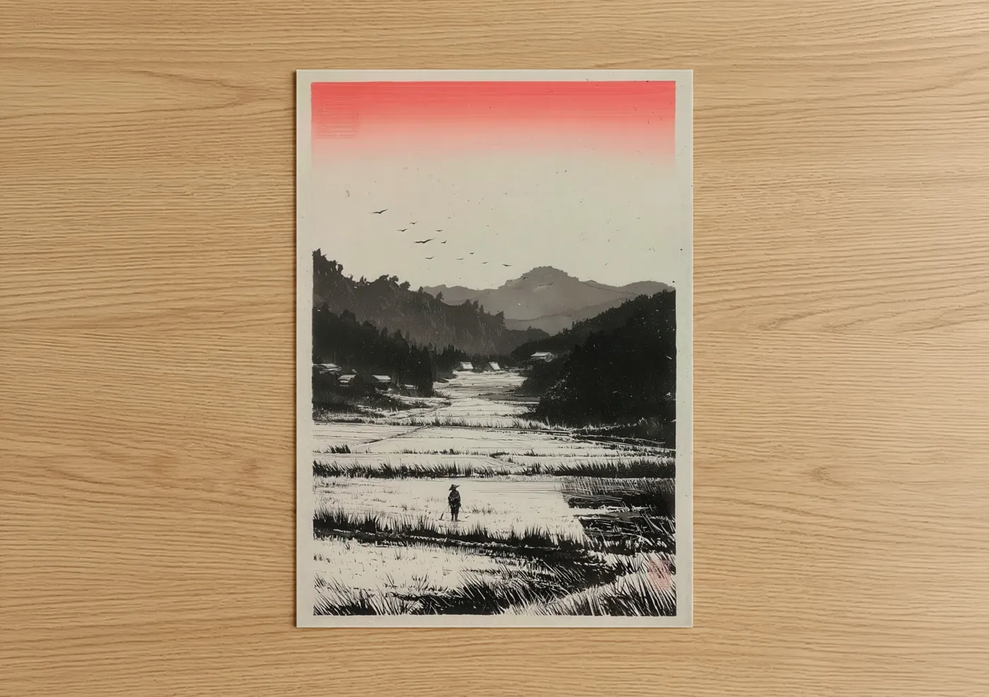 Various landscapes art print on warm oak wood — black and white and salmon pink palette — River Valley Solitude poster