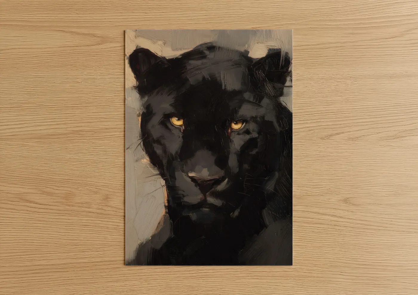 Art print on warm oak wood — black and white and gold palette — Golden-Eyed Panther poster