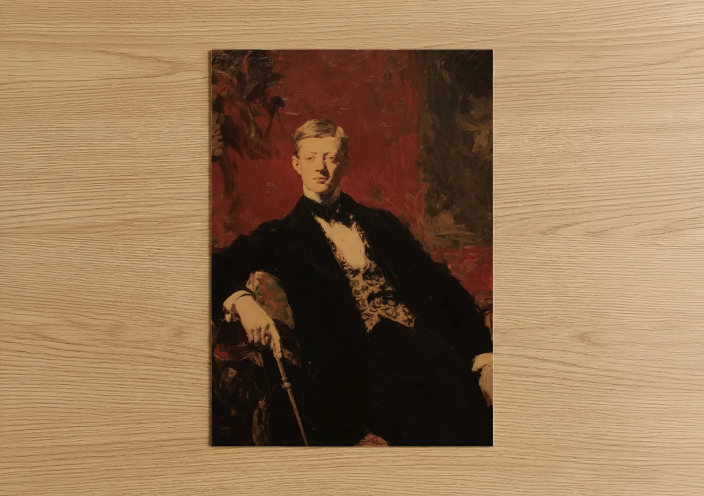 Retro fashion art print on warm oak wood — black and red and gold palette — Gentleman Portrait poster