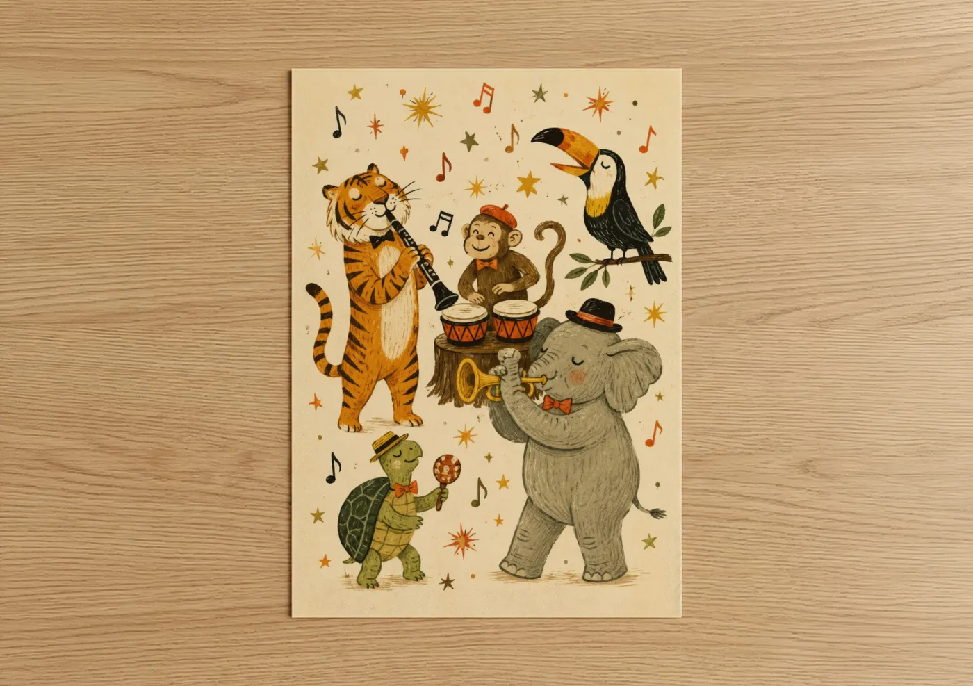 Tiger art print on warm oak wood — gold and beige palette — Musical Animal Band Wall Art poster