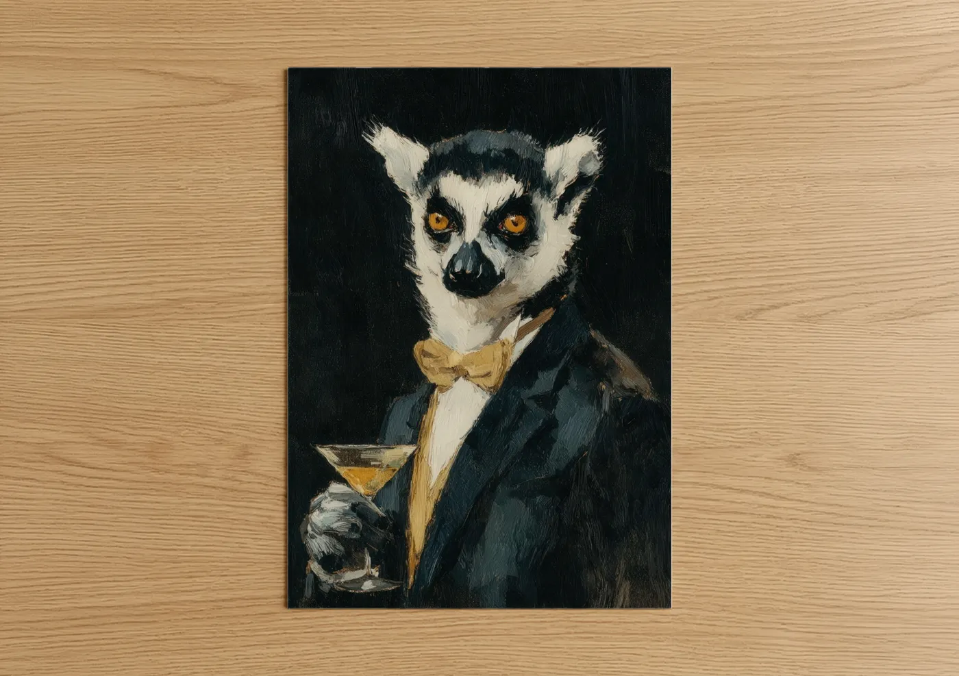Art print on warm oak wood — black and white and gold palette — Dapper Lemur poster
