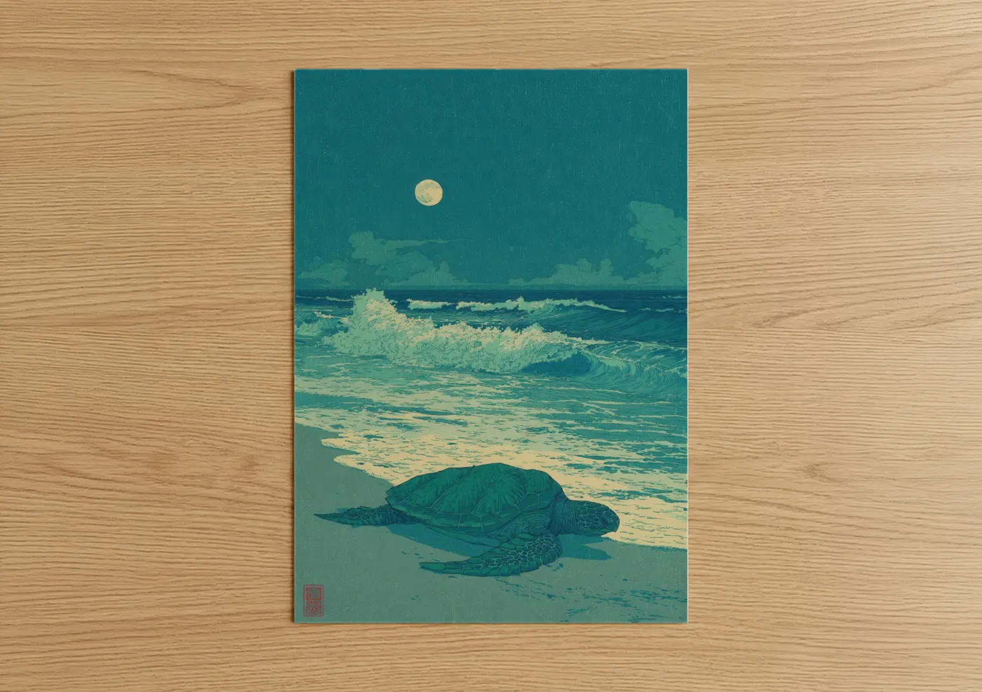 Art print on warm oak wood — teal and cream palette — Moonlit Sea Turtle poster