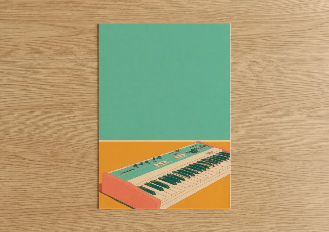 Art print on warm oak wood — turquoise and gold palette — Retro Keyboard Synth poster