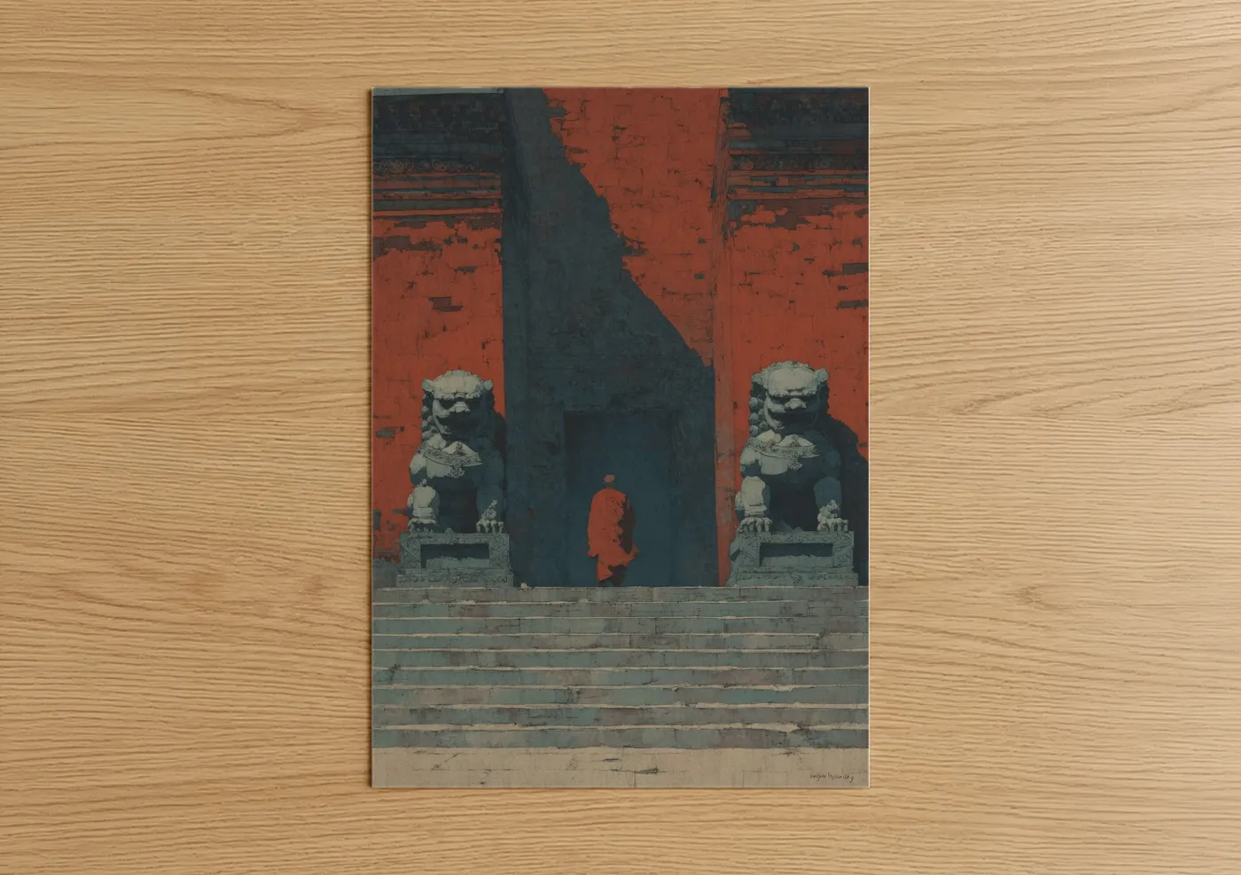 Kung fu art print on warm oak wood — red and dark blue palette — Temple Guardian poster