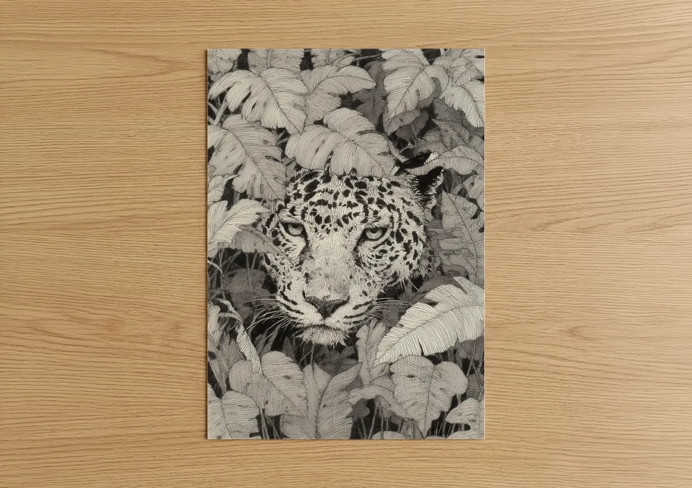 Art print on warm oak wood — black and white palette — Leafy Jaguar poster