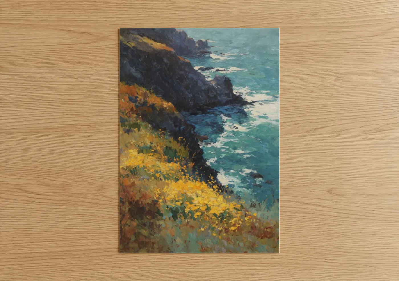 Golden Cliff Edge Coastal Ocean Painting Wall Art