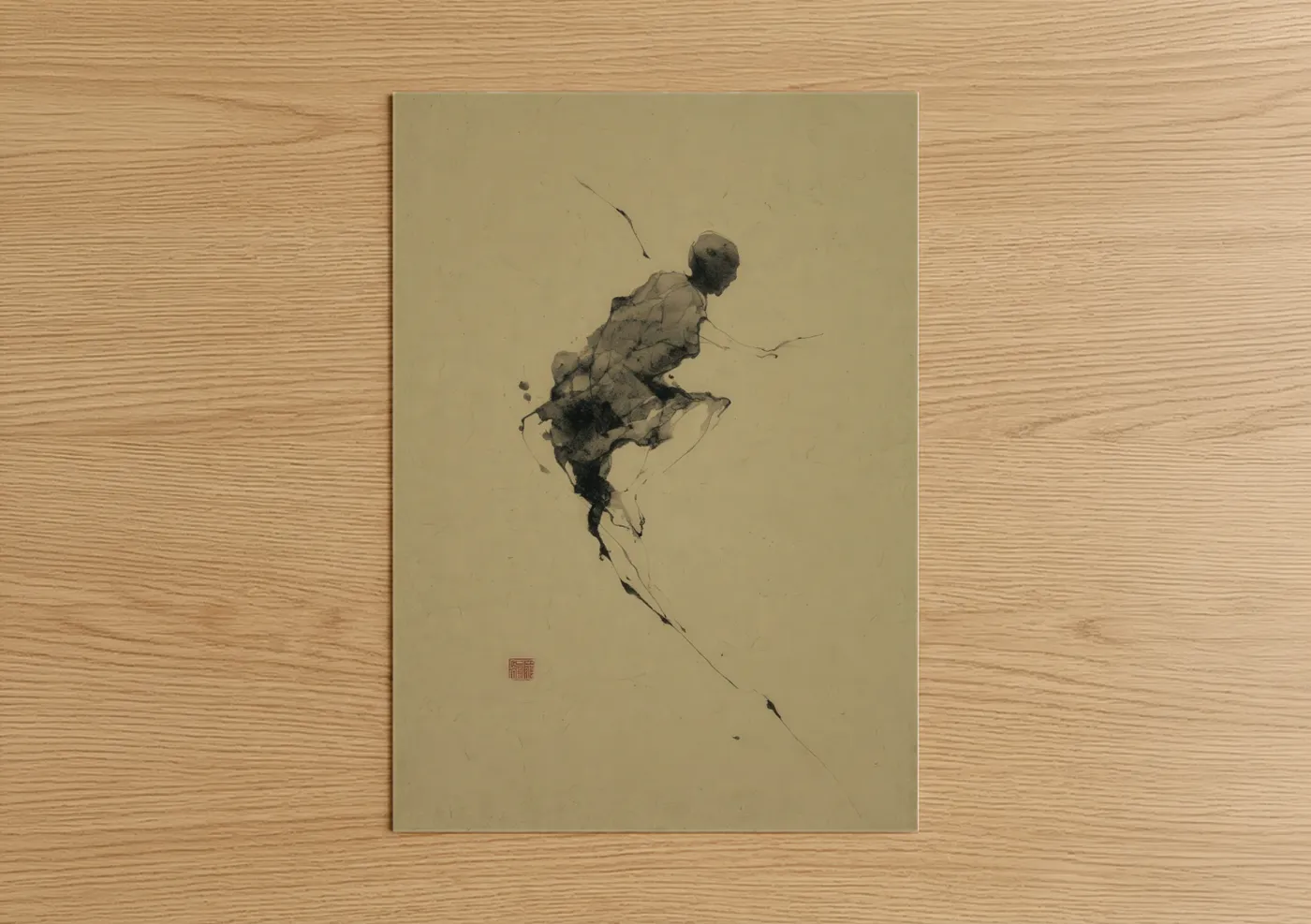 Art print on warm oak wood — black and white and beige palette — Dynamic Leap Basketball poster