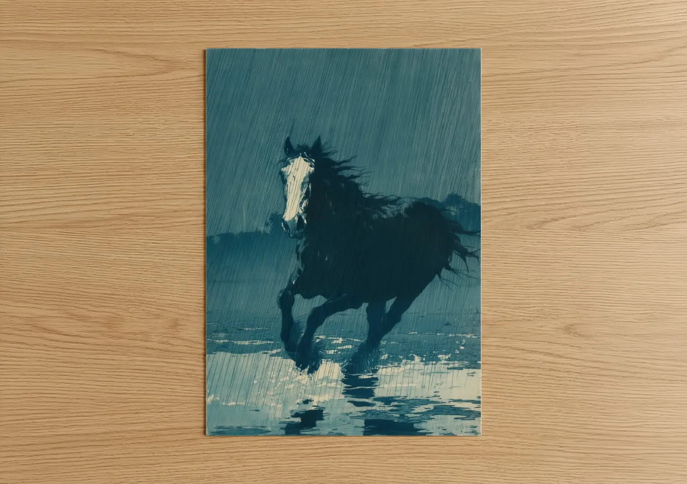 Clydesdale horse art print on warm oak wood — blue and white and black and white palette — Stormy Clydesdale poster