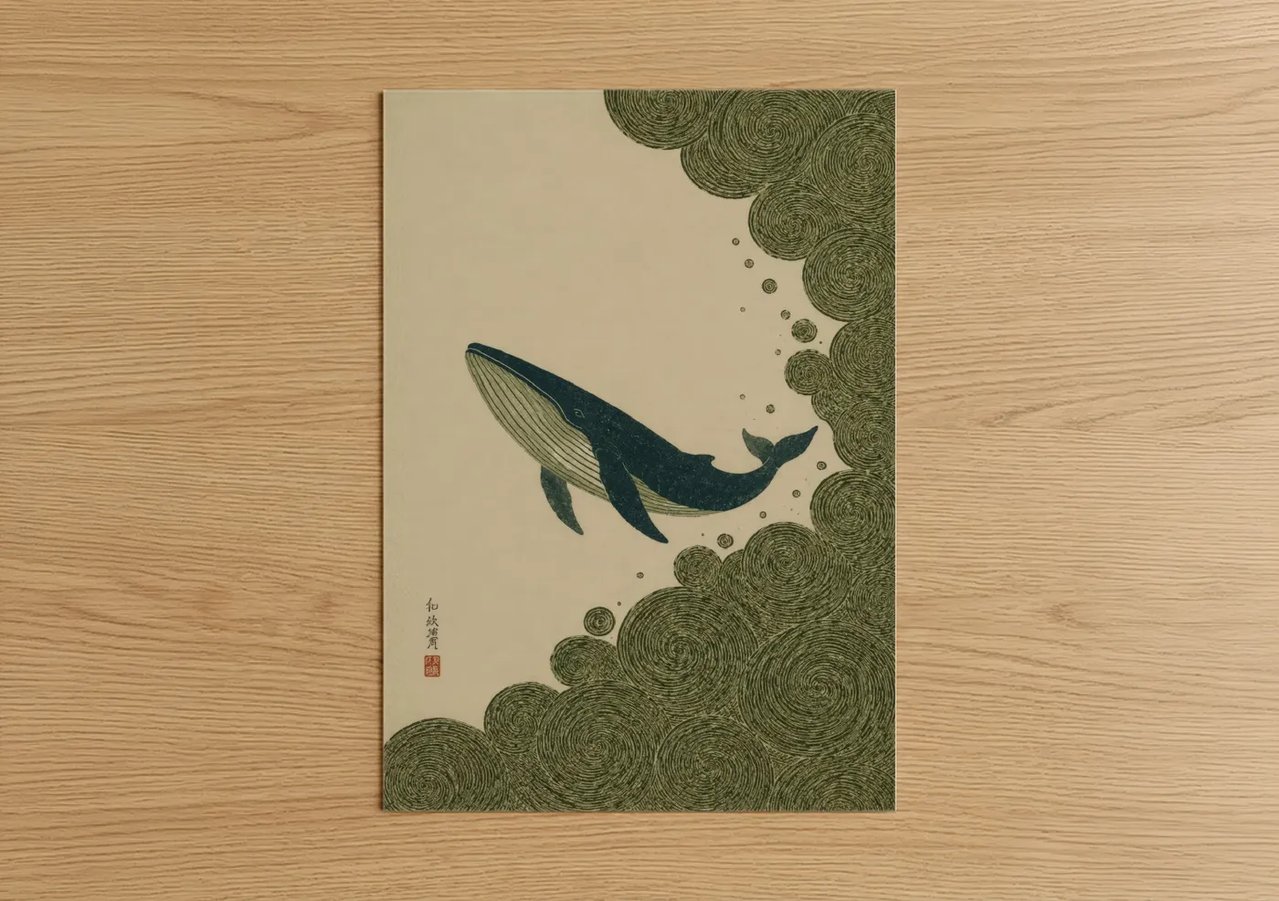 Art print on warm oak wood — beige and olive palette — Humpback Whale Japanese Woodblock Wall Art poster
