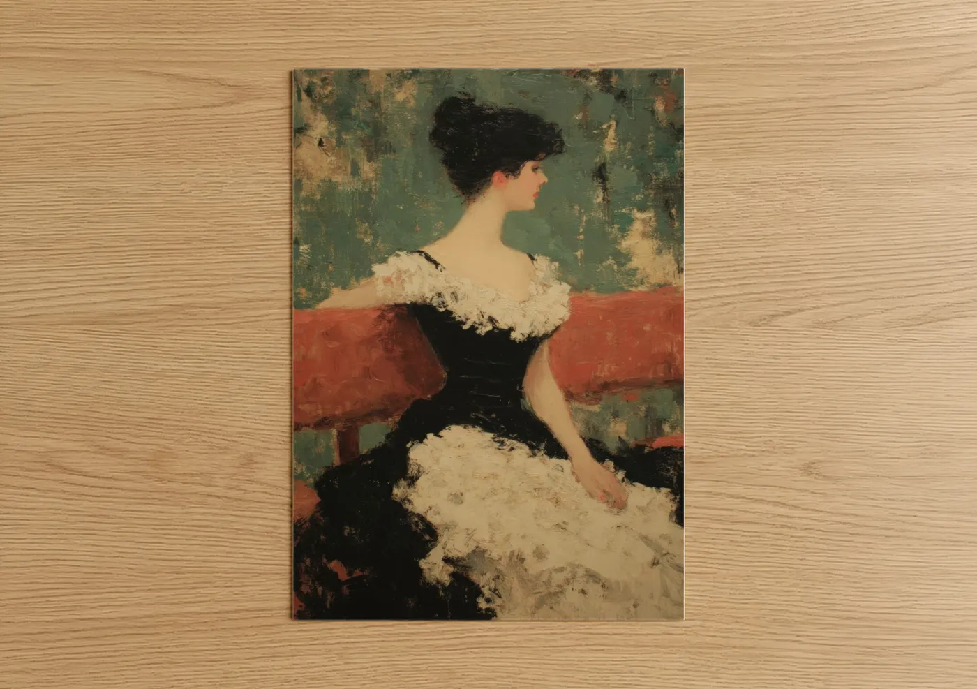 Vintage fashion art print on warm oak wood — green and rose gold palette — Elegant Lady Portrait poster