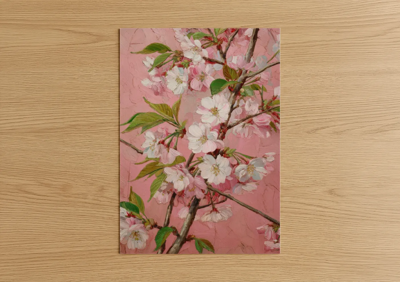 Art print on warm oak wood — pink and white palette — Pink Cherry Blossoms poster