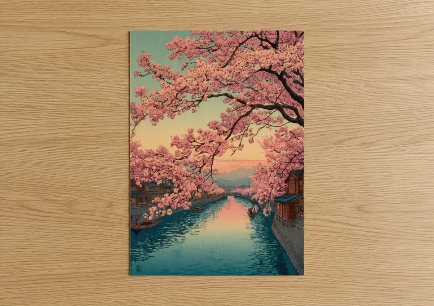 Cherry blossoms art print on warm oak wood — salmon pink and gold and white palette — Cherry Blossom Canal poster